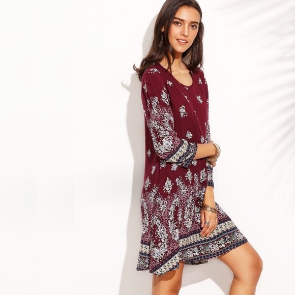 Boho Burgundy Floral 3/4 Sleeve Shift Dress - Picture 3 of 8